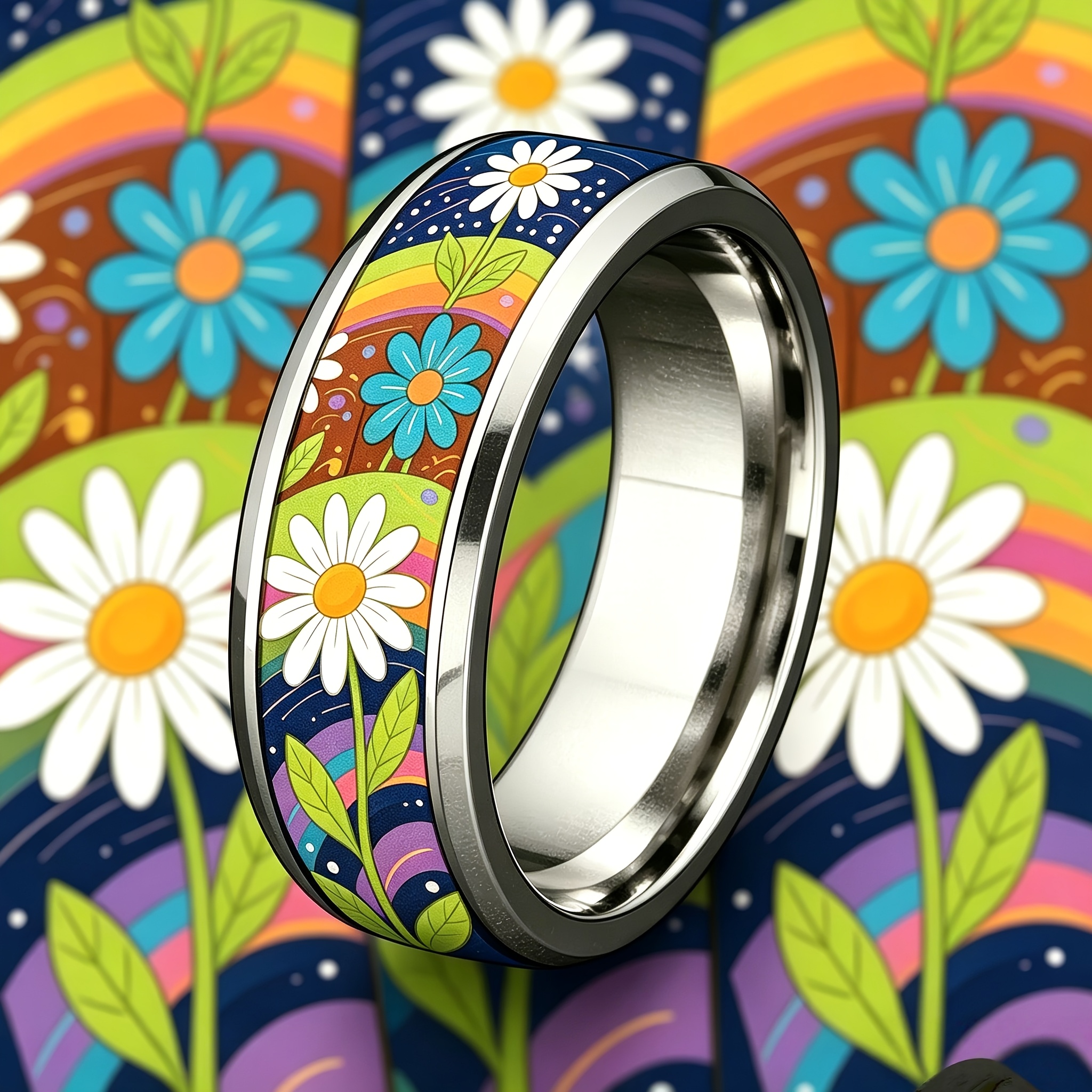 Rainbow Starry Sky Daisy Printed 304L Stainless Steel Ring
